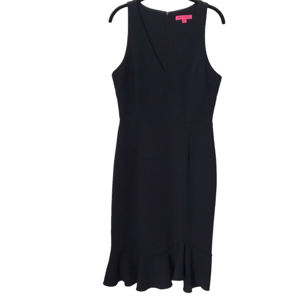 Betsey Johnson Dress Size 8 Navy Blue Classic Sleeveless Sheath Flounced Hem